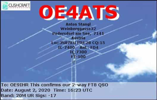 Callsign=oe4ats VisitorCallsign=OE9IHR QSODate=2020-08-02 16 23 00 0 Band=20M Mode=FT8