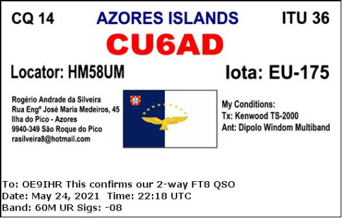 Callsign=CU6AD VisitorCallsign=OE9IHR QSODate=2021-05-24 22 18 00 0 Band=60M Mode=FT8
