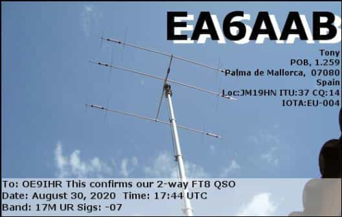 Callsign=EA6AAB VisitorCallsign=OE9IHR QSODate=2020-08-30 17 44 00 0 Band=17M Mode=FT8
