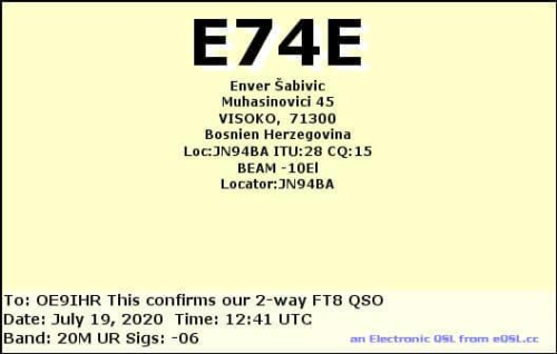Callsign=E74E VisitorCallsign=OE9IHR QSODate=2020-07-19 12 41 00 0 Band=20M Mode=FT8