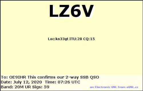 Callsign=LZ6V VisitorCallsign=OE9IHR QSODate=2020-07-12 07 26 00 0 Band=20M Mode=SSB