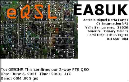 Callsign=EA8UK VisitorCallsign=OE9IHR QSODate=2021-06-05 20 31 00 0 Band=60M Mode=FT8