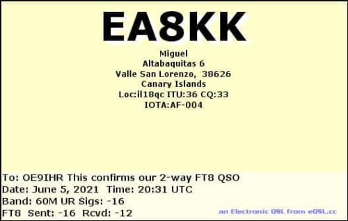 Callsign=ea8kk VisitorCallsign=OE9IHR QSODate=2021-06-05 20 31 00 0 Band=60M Mode=FT8
