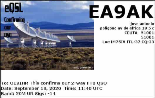 Callsign=ea9ak VisitorCallsign=OE9IHR QSODate=2020-09-19 11 40 00 0 Band=20M Mode=FT8