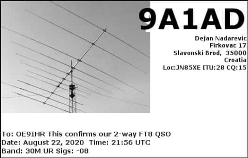 Callsign=9a1ad VisitorCallsign=OE9IHR QSODate=2020-08-22 21 56 00 0 Band=30M Mode=FT8