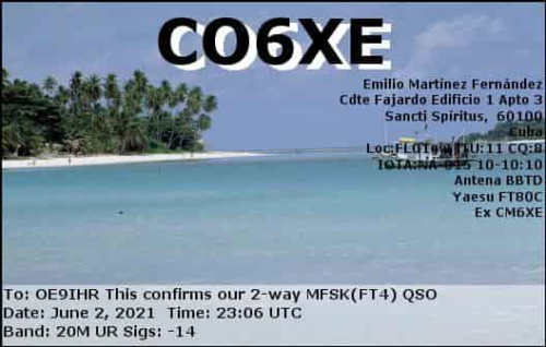 Callsign=CO6XE VisitorCallsign=OE9IHR QSODate=2021-06-02 23 06 00 0 Band=20M Mode=MFSK