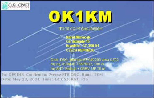 Callsign=OK1KM VisitorCallsign=OE9IHR QSODate=2021-05-23 14 05 00 0 Band=20M Mode=FT8