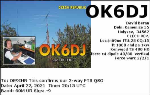 Callsign=OK6DJ VisitorCallsign=OE9IHR QSODate=2021-04-22 20 13 00 0 Band=60M Mode=FT8