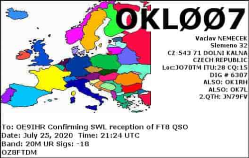 Callsign=OKL007 VisitorCallsign=OE9IHR QSODate=2020-07-25 21 24 00 0 Band=20M Mode=FT8