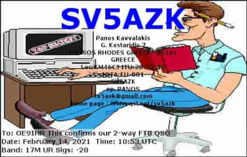 Callsign=SV5AZK VisitorCallsign=OE9IHR QSODate=2021-02-14 10 53 00 0 Band=17M Mode=FT8