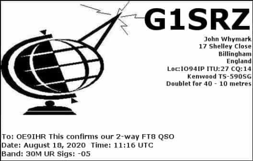Callsign=G1SRZ VisitorCallsign=OE9IHR QSODate=2020-08-18 11 16 00 0 Band=30M Mode=FT8