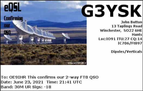 Callsign=G3YSK VisitorCallsign=OE9IHR QSODate=2021-06-23 21 41 00 0 Band=30M Mode=FT8