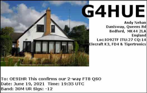 Callsign=G4HUE VisitorCallsign=OE9IHR QSODate=2021-06-19 19 35 00 0 Band=30M Mode=FT8