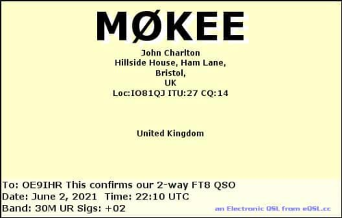 Callsign=M0KEE VisitorCallsign=OE9IHR QSODate=2021-06-02 22 10 00 0 Band=30M Mode=FT8
