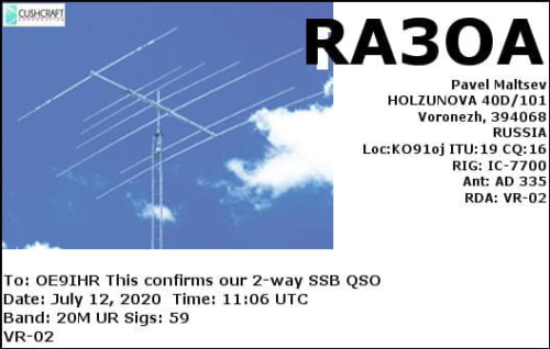 Callsign=RA3OA VisitorCallsign=OE9IHR QSODate=2020-07-12 11 06 00 0 Band=20M Mode=SSB