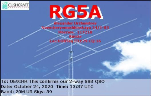 Callsign=RG5A VisitorCallsign=OE9IHR QSODate=2020-10-24 13 37 00 0 Band=20M Mode=SSB