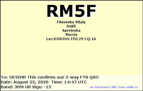 Callsign=RM5F VisitorCallsign=OE9IHR QSODate=2020-08-22 14 47 00 0 Band=30M Mode=FT8