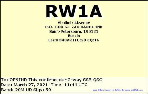 Callsign=RW1A VisitorCallsign=OE9IHR QSODate=2021-03-27 11 44 00 0 Band=20M Mode=SSB