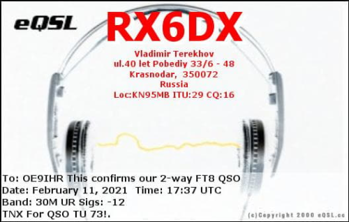 Callsign=RX6DX VisitorCallsign=OE9IHR QSODate=2021-02-11 17 37 00 0 Band=30M Mode=FT8