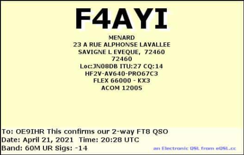 Callsign=F4AYI VisitorCallsign=OE9IHR QSODate=2021-04-21 20 28 00 0 Band=60M Mode=FT8