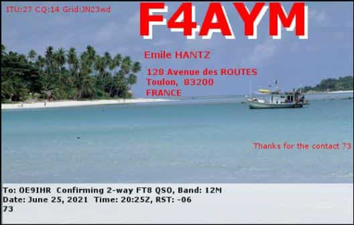 Callsign=F4AYM VisitorCallsign=OE9IHR QSODate=2021-06-25 20 25 00 0 Band=12M Mode=FT8