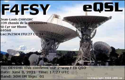 Callsign=F4FSY VisitorCallsign=OE9IHR QSODate=2021-06-08 17 27 00 0 Band=30M Mode=FT8