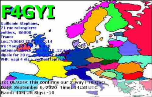 Callsign=F4GYI VisitorCallsign=OE9IHR QSODate=2020-09-06 14 58 00 0 Band=40M Mode=FT8