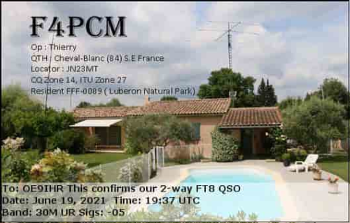 Callsign=F4PCM VisitorCallsign=OE9IHR QSODate=2021-06-19 19 37 00 0 Band=30M Mode=FT8