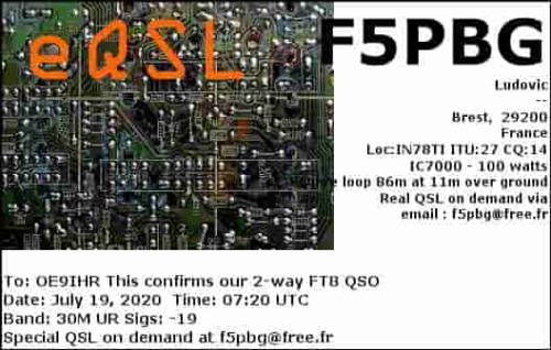 Callsign=F5PBG VisitorCallsign=OE9IHR QSODate=2020-07-19 07 20 00 0 Band=30M Mode=FT8