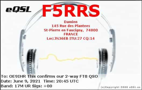 Callsign=F5RRS VisitorCallsign=OE9IHR QSODate=2021-06-09 20 45 00 0 Band=17M Mode=FT8