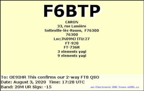 Callsign=F6BTP VisitorCallsign=OE9IHR QSODate=2020-08-03 17 28 00 0 Band=20M Mode=FT8