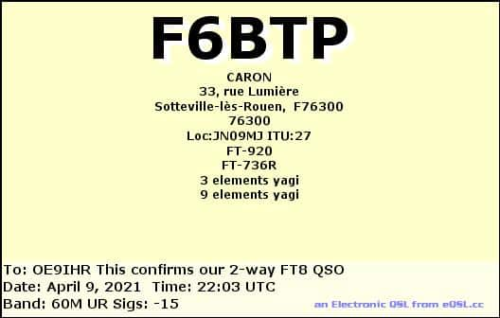 Callsign=F6BTP VisitorCallsign=OE9IHR QSODate=2021-04-09 22 03 00 0 Band=60M Mode=FT8