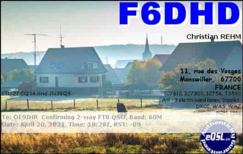 Callsign=F6DHD VisitorCallsign=OE9IHR QSODate=2021-04-20 18 28 00 0 Band=60M Mode=FT8