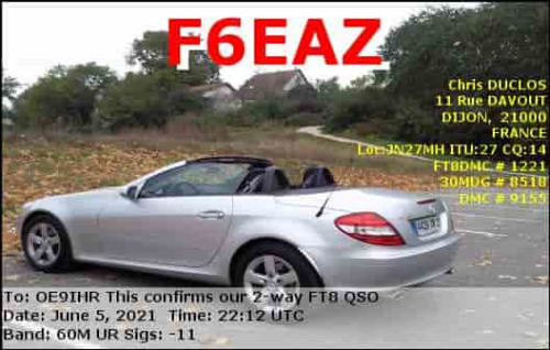 Callsign=F6EAZ VisitorCallsign=OE9IHR QSODate=2021-06-05 22 12 00 0 Band=60M Mode=FT8