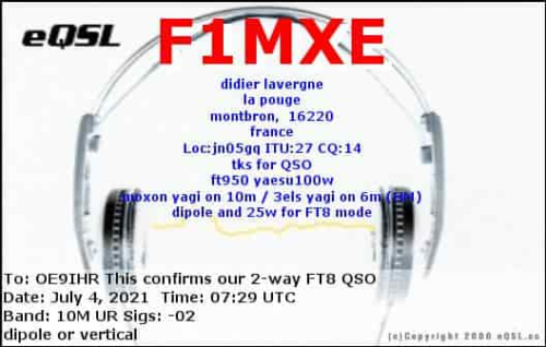 Callsign=f1mxe VisitorCallsign=OE9IHR QSODate=2021-07-04 07 29 00 0 Band=10M Mode=FT8