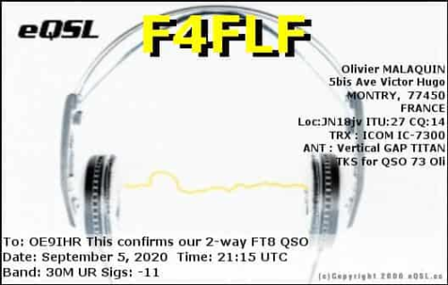 Callsign=f4FLF VisitorCallsign=OE9IHR QSODate=2020-09-05 21 15 00 0 Band=30M Mode=FT8
