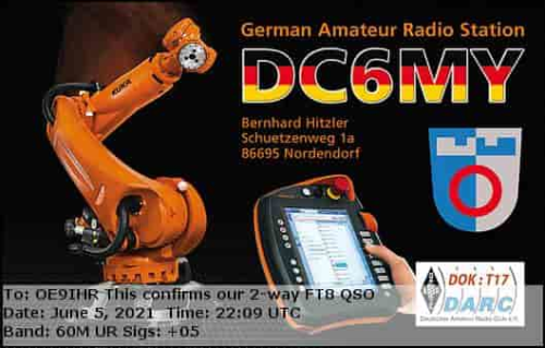 Callsign=DC6MY VisitorCallsign=OE9IHR QSODate=2021-06-05 22 09 00 0 Band=60M Mode=FT8