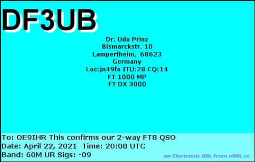 Callsign=DF3UB VisitorCallsign=OE9IHR QSODate=2021-04-22 20 08 00 0 Band=60M Mode=FT8