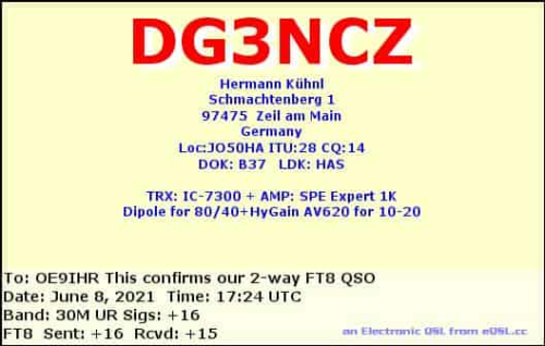 Callsign=DG3NCZ VisitorCallsign=OE9IHR QSODate=2021-06-08 17 24 00 0 Band=30M Mode=FT8