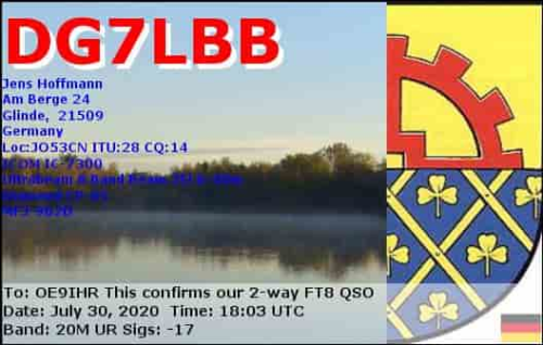 Callsign=DG7LBB VisitorCallsign=OE9IHR QSODate=2020-07-30 18 03 00 0 Band=20M Mode=FT8