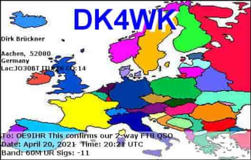 Callsign=DK4WK VisitorCallsign=OE9IHR QSODate=2021-04-20 20 21 00 0 Band=60M Mode=FT8