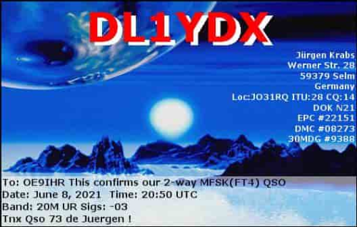 Callsign=DL1YDX VisitorCallsign=OE9IHR QSODate=2021-06-08 20 50 00 0 Band=20M Mode=MFSK