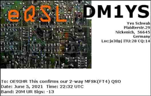 Callsign=DM1YS VisitorCallsign=OE9IHR QSODate=2021-06-05 22 32 00 0 Band=20M Mode=MFSK