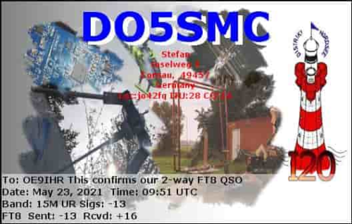 Callsign=DO5SMC VisitorCallsign=OE9IHR QSODate=2021-05-23 09 51 00 0 Band=15M Mode=FT8