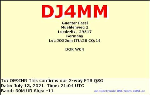 Callsign=dj4mm VisitorCallsign=OE9IHR QSODate=2021-07-13 21 04 00 0 Band=60M Mode=FT8