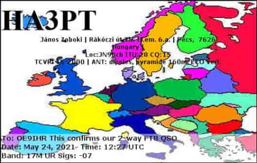 Callsign=HA3PT VisitorCallsign=OE9IHR QSODate=2021-05-24 12 27 00 0 Band=17M Mode=FT8