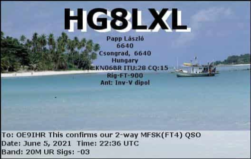 Callsign=hg8lxl VisitorCallsign=OE9IHR QSODate=2021-06-05 22 36 00 0 Band=20M Mode=MFSK