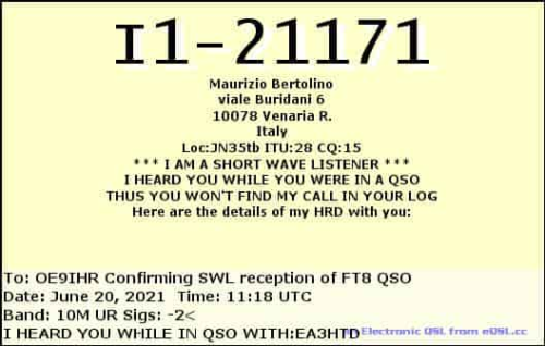 Callsign=I1-21171 VisitorCallsign=OE9IHR QSODate=2021-06-20 11 18 00 0 Band=10M Mode=FT8