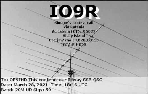 Callsign=IO9R VisitorCallsign=OE9IHR QSODate=2021-03-28 18 16 00 0 Band=20M Mode=SSB