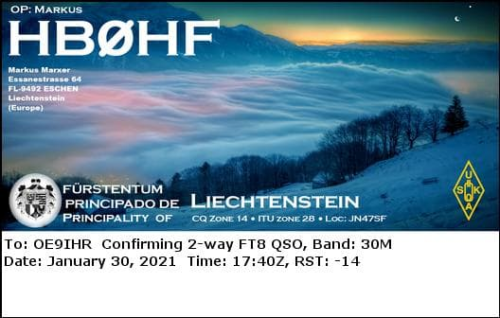 Callsign=HB0HF VisitorCallsign=OE9IHR QSODate=2021-01-30 17 40 00 0 Band=30M Mode=FT8